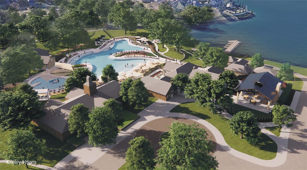 Expansive aquatic area with multiple pools, direct water access with a dock, and several outdoor structures