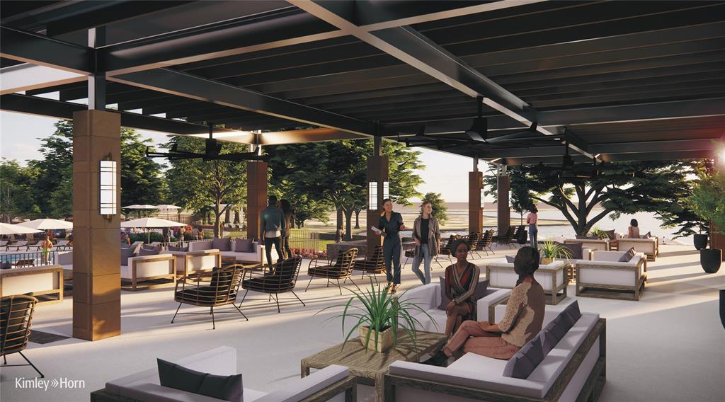 Expansive covered patio with a dark-finish beam structure, integrated ceiling fans, and contemporary wall-mounted lighting