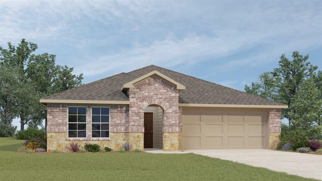 Single-story property with a brick and stone facade, arched entry, gabled roof, and attached two-car garage