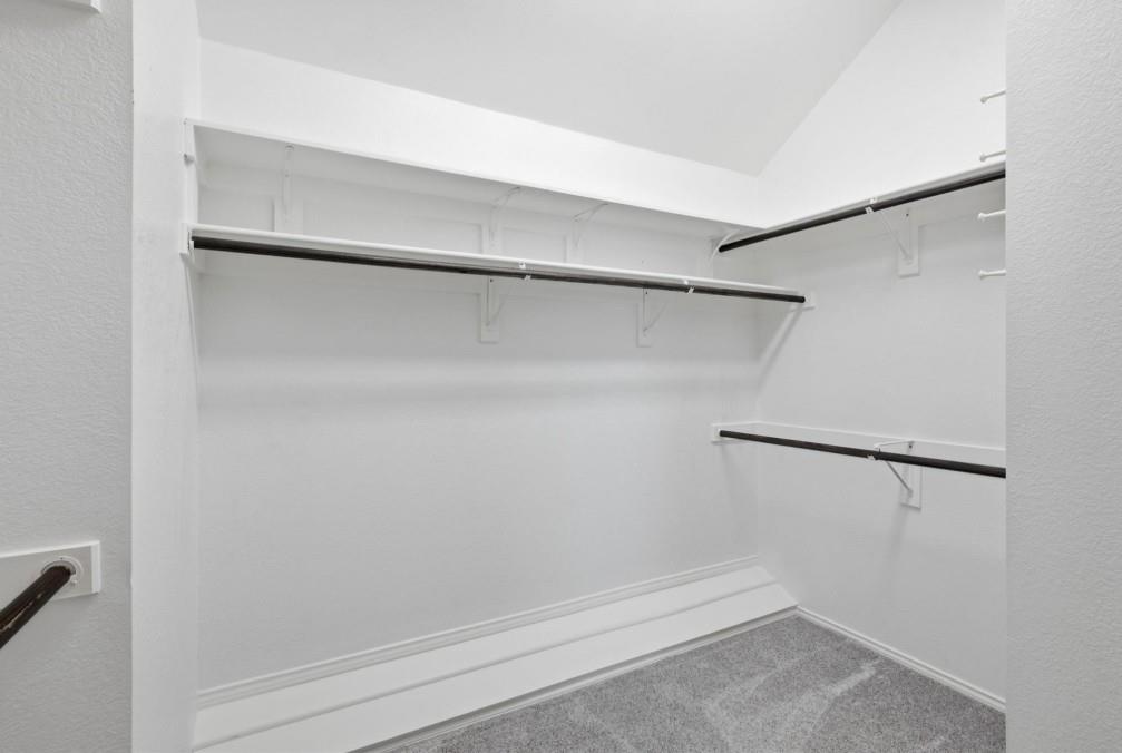 Built-in shelving and hanging rods with textured carpeting