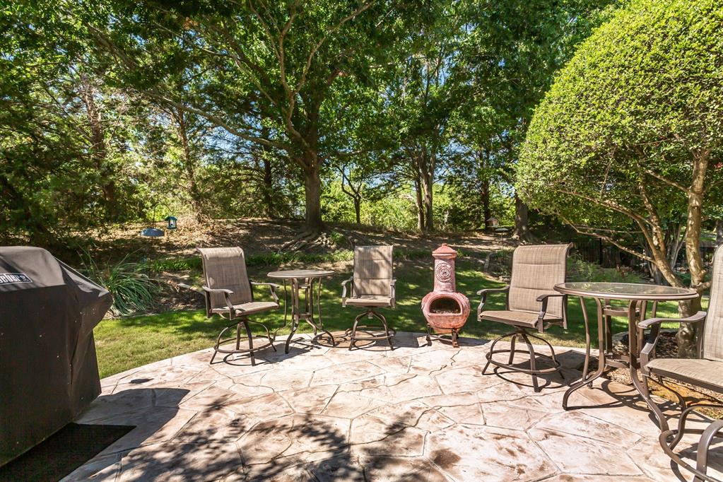 Expansive stamped concrete patio with surrounding mature trees and natural landscaping