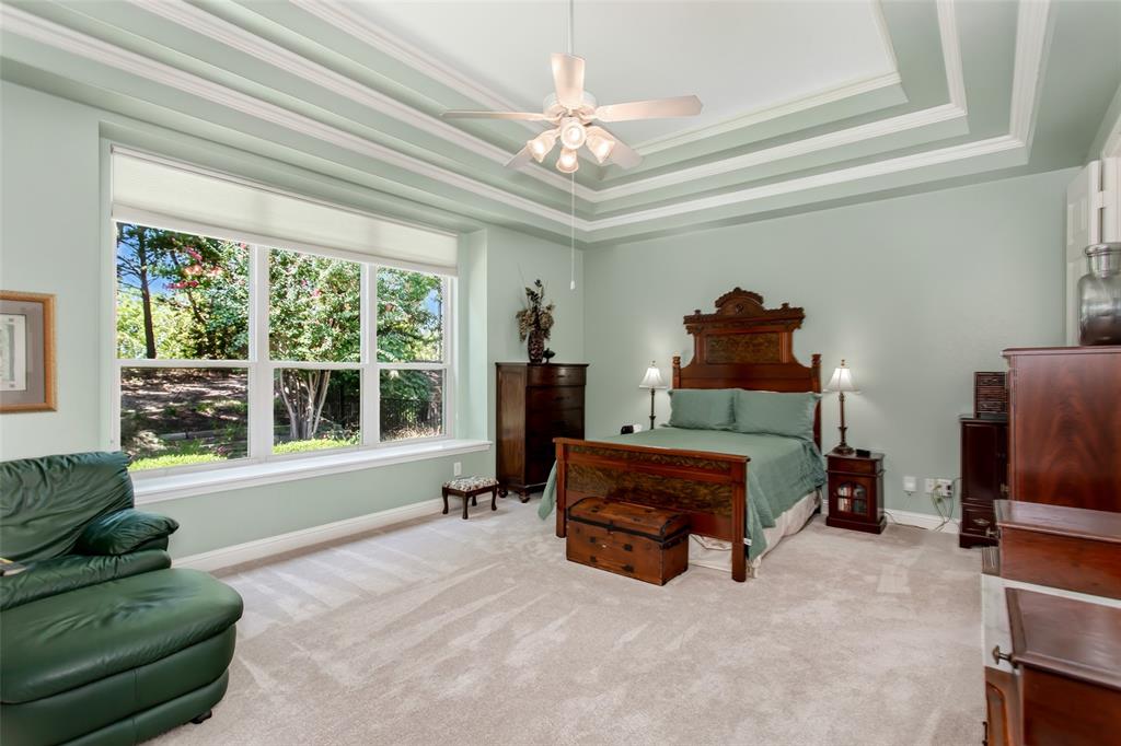 Tray ceiling with crown molding, ceiling fan, large window with sills, and carpeting