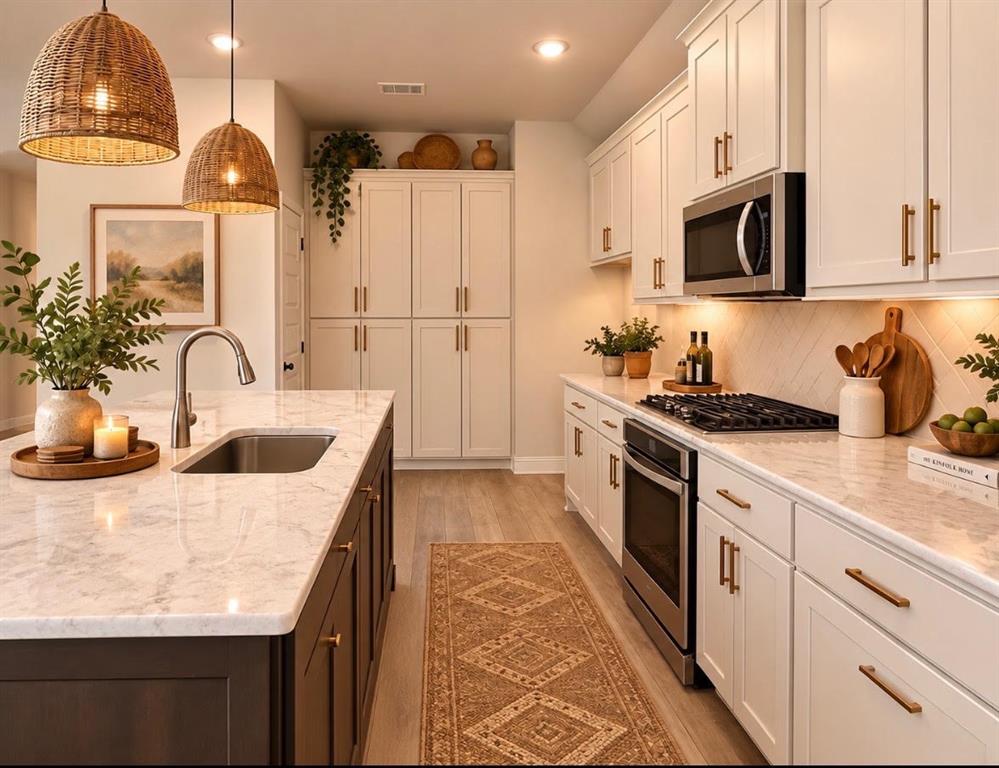 This modern, gourmet kitchen features elegant white shaker cabinetry paired with premium stainless steel appliances and a stylish herringbone tile backsplash. The heart of the room is a spacious kitchen island that includes a convenient built-in sink, all complemented by durable, high-end luxury vinyl plank (LVP) flooring throughout the space. This virtually modified & staged to show homey potential.