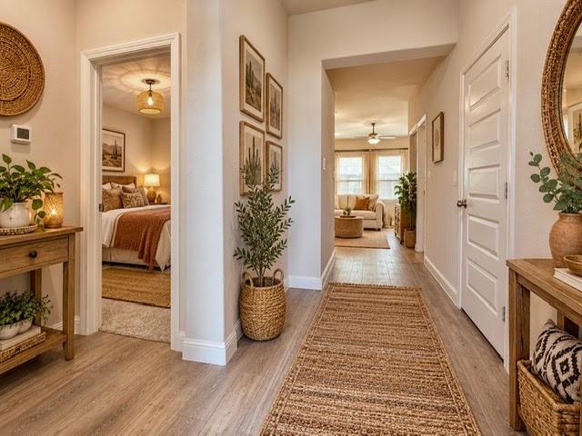 An inviting and spacious entry hall, which features durable luxury vinyl plank (LVP) flooring installed throughout the main living areas, creating a seamless and modern flow, while the attached bedrooms are accented with brand-new, plush carpeting for added comfort and warmth. Virtually staged.