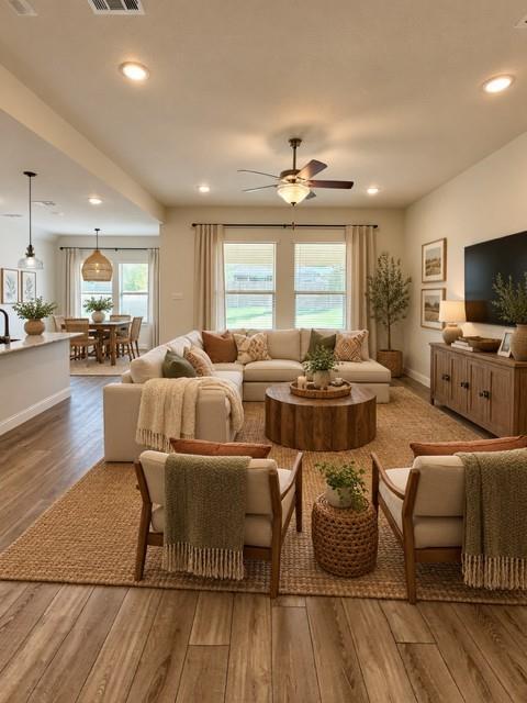 This bright and expansive open-concept living area features a versatile layout that seamlessly connects the main living spaces, highlighted by large windows that provide an inviting, panoramic view of the spacious back yard. Virtually staged.