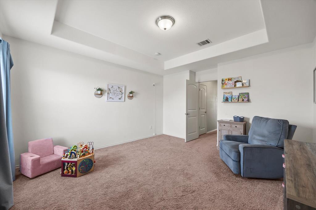 Tray ceiling, flush-mount lighting, wall-mounted shelving, six-panel interior doors, and carpet flooring