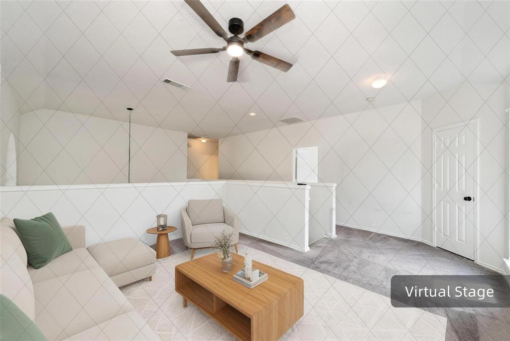 Recessed lighting, ceiling fan, white paneled door with black hardware, and carpeted flooring