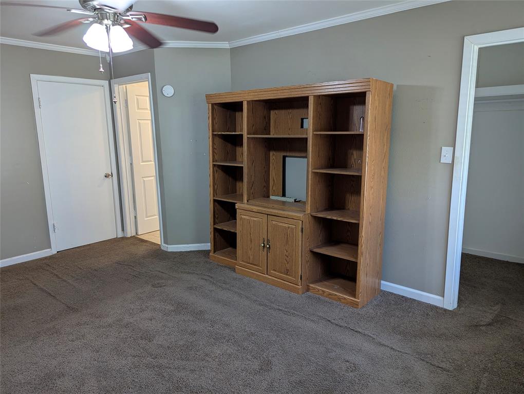 View 3: Spacious primary bedroom featuring carpeted flooring, a ceiling fan, and built-in shelving for display or storage.