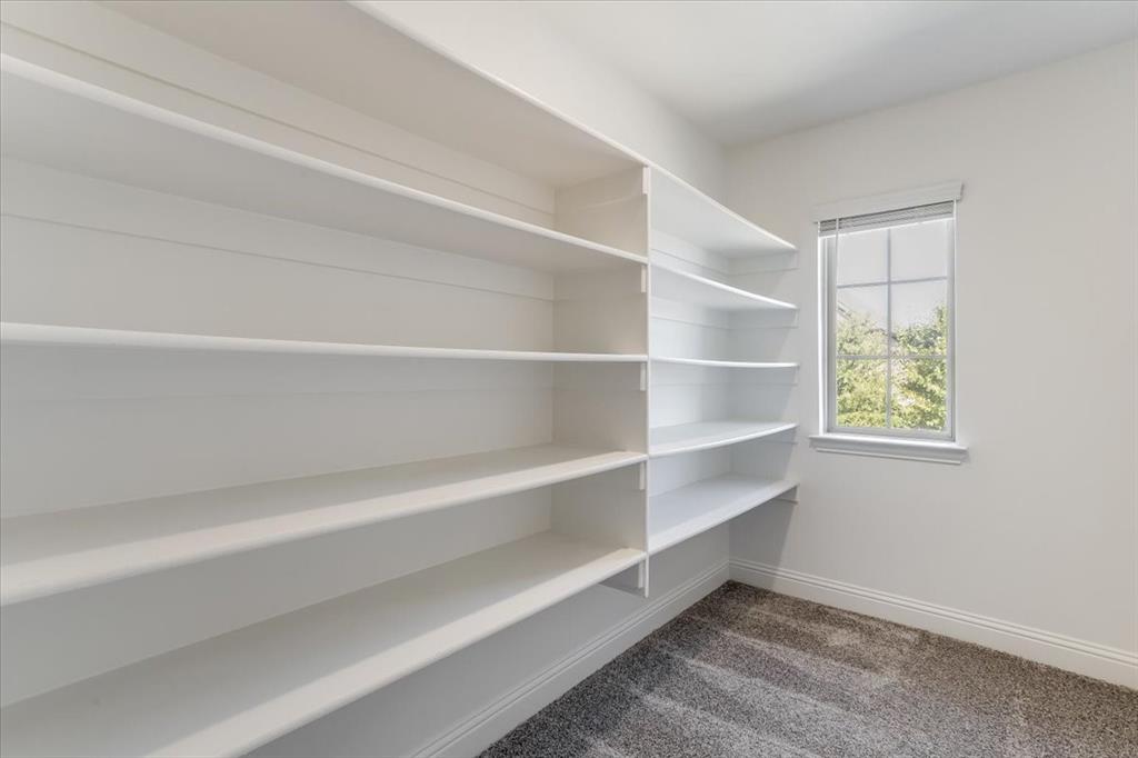 Built-in shelving with multiple levels, double-hung window, and gray carpeting