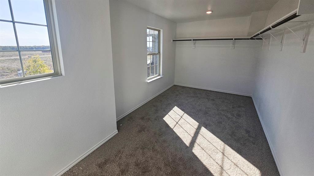 Carpeted room featuring multiple windows, a recessed ceiling light, and built-in closet shelving