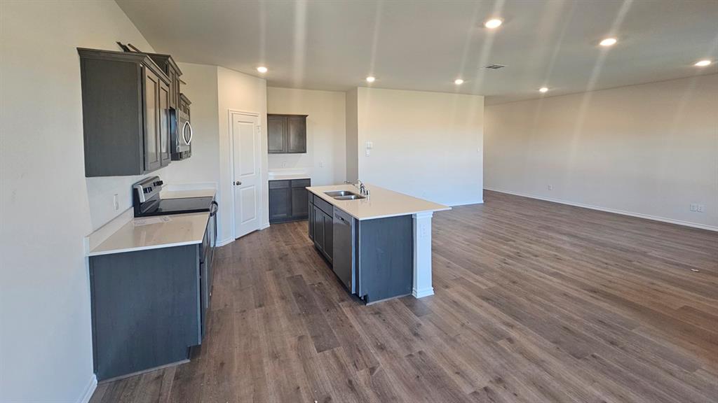 Open-concept kitchen and living area featuring wood-finish flooring