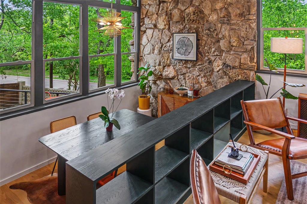 Open shelving divides dining and living without closing either off with lovely views of the greenbelt