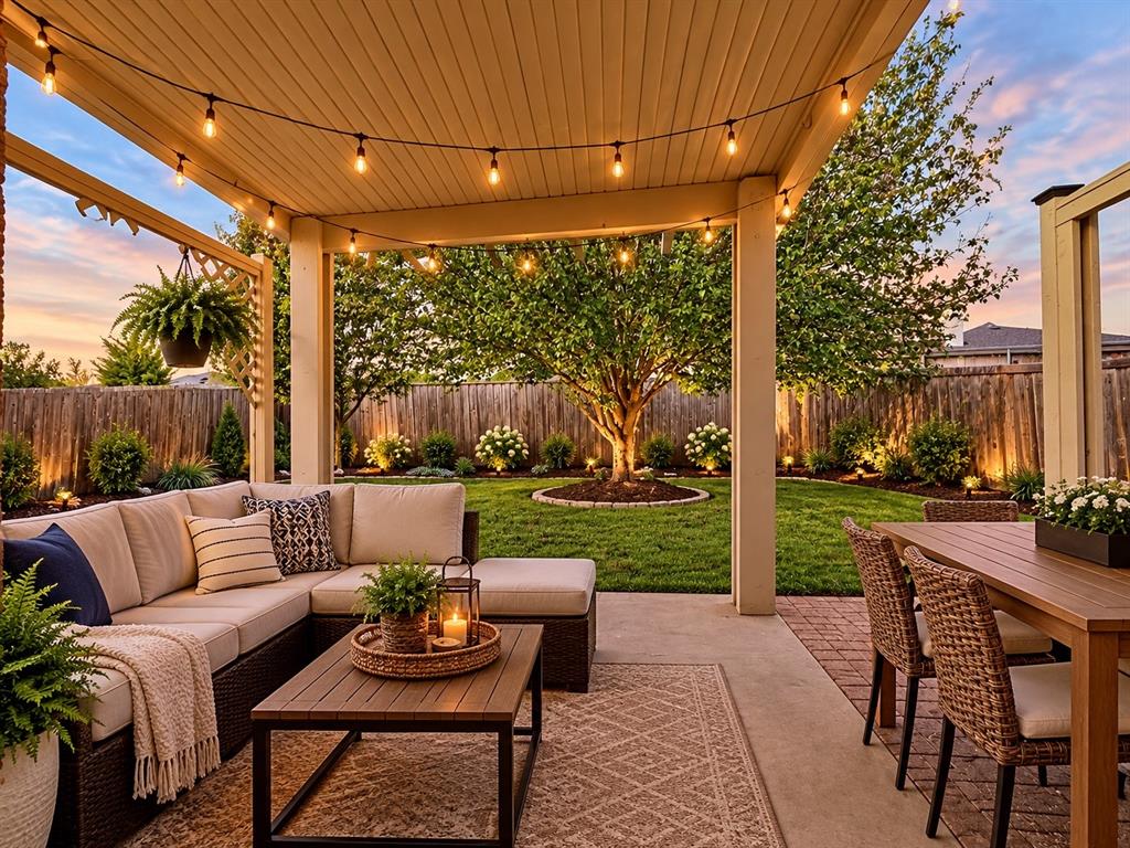 Covered patio with string lighting, paved and concrete flooring, and a fenced backyard featuring a manicured lawn and trees, virtual staged