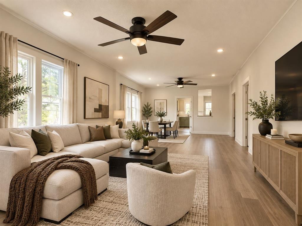 Recessed lighting, wood-finish flooring, and multiple ceiling fans