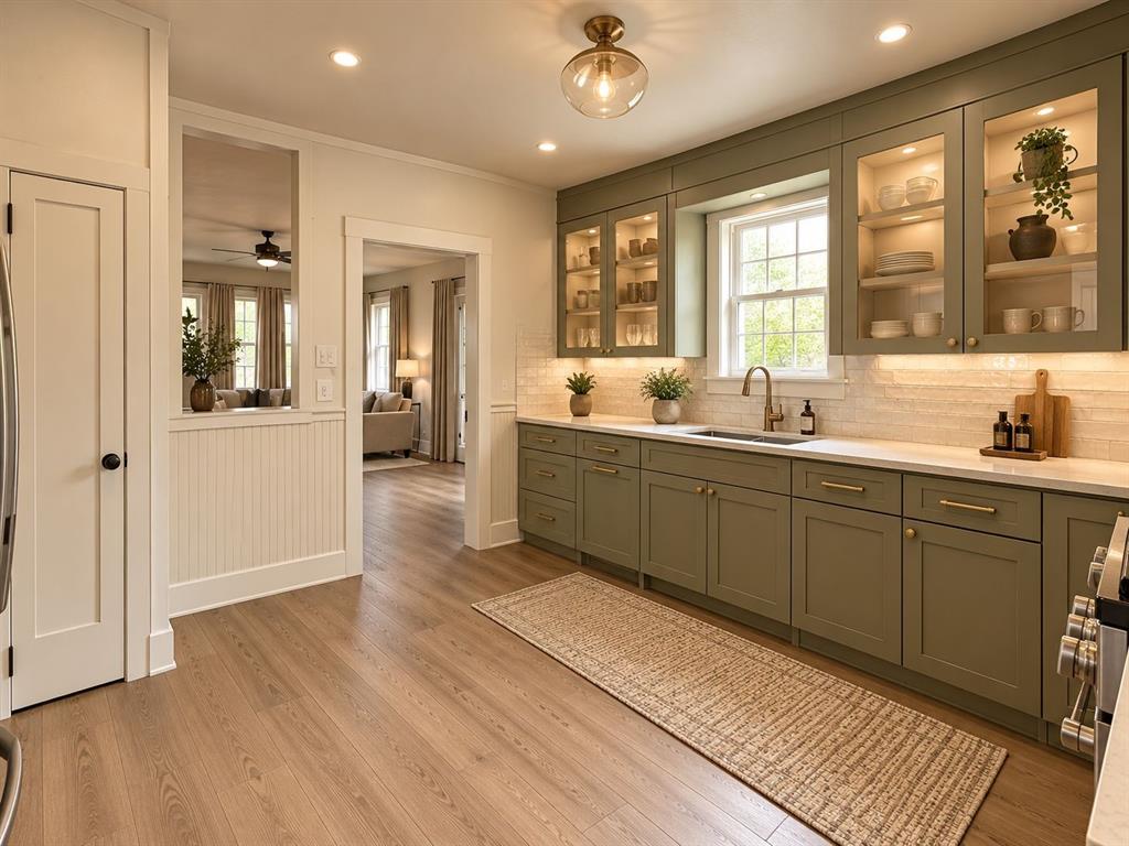 Kitchen featuring wood-finish flooring, recessed lighting, and a built-in sink with a gold-tone faucet