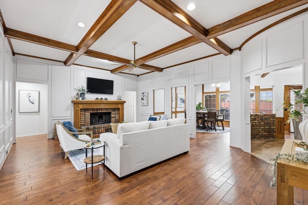 beamed ceilings and cozy fireplace