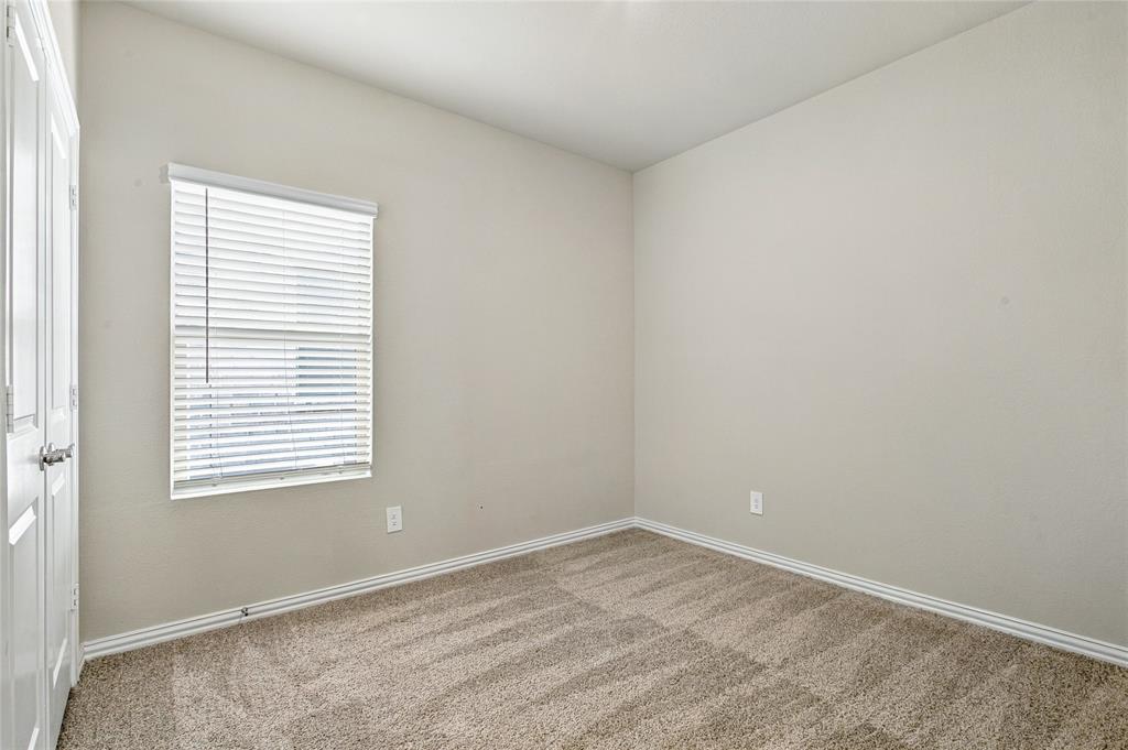 Recessed window with white blinds, carpet flooring, and neutral wall paint