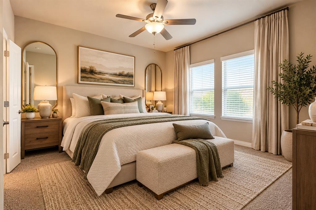 Neutral wall paint, ceiling fan with integrated lighting, two windows with blinds, built-in window treatments, and carpeted flooring