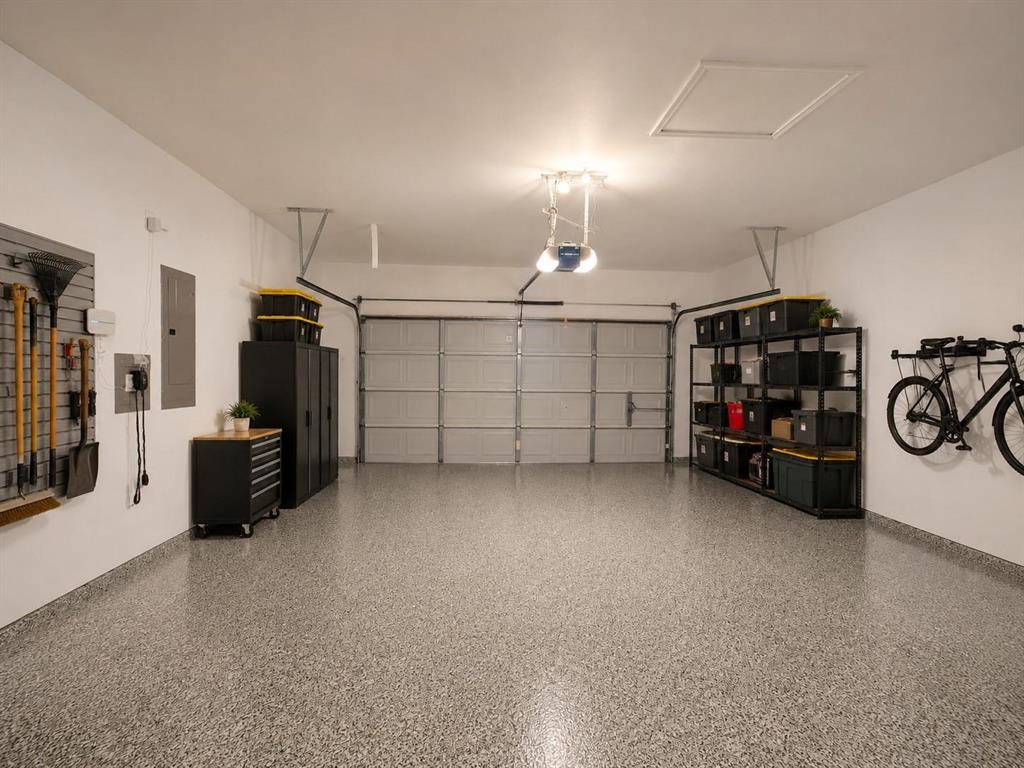 Garage featuring a speckled epoxy floor, overhead lighting, and built-in door