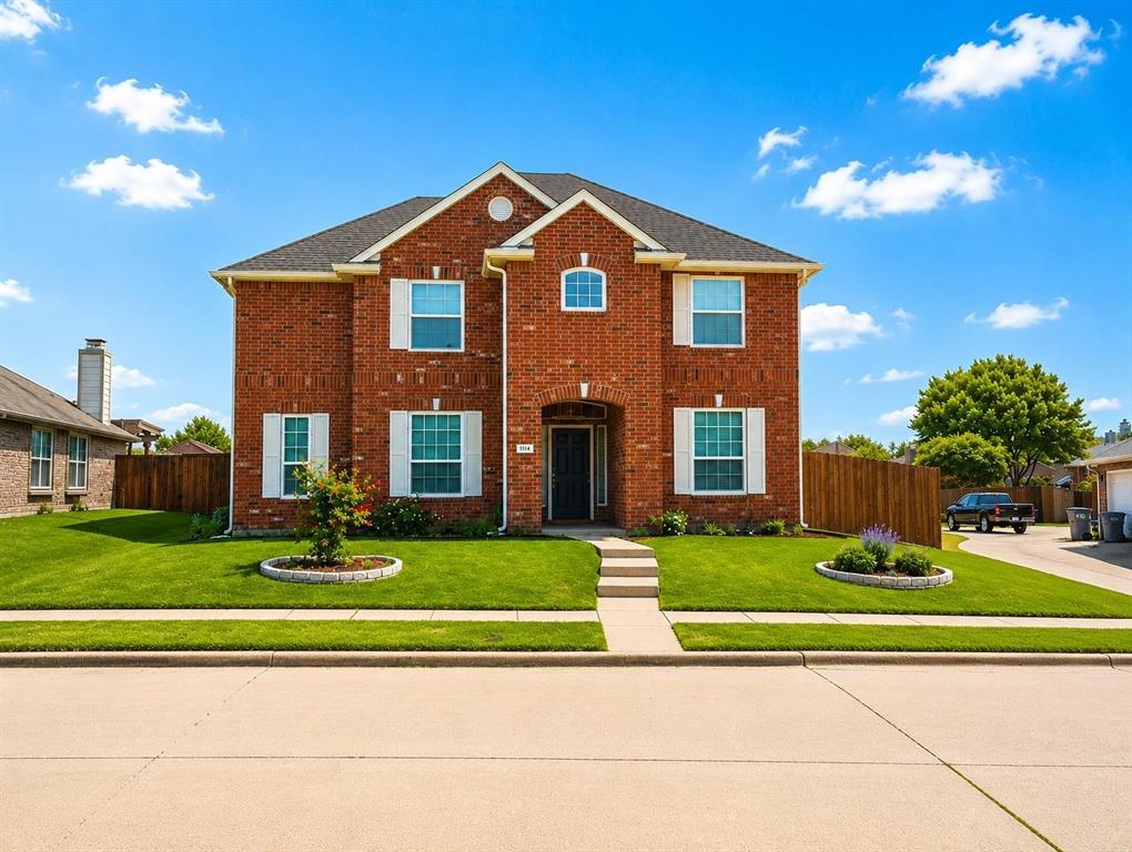 Brick exterior with white window shutters