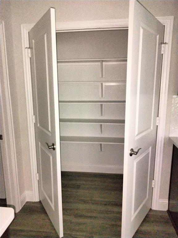 Double panel doors opening to a storage area with built-in shelving and wood-finish flooring