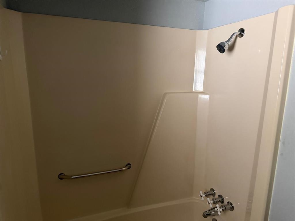Integrated tub and shower unit with a chrome shower head, chrome faucet, and a wall-mounted grab bar