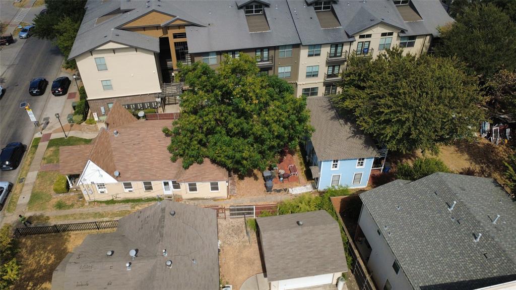 Aerial perspective highlighting the two-story accessory building.