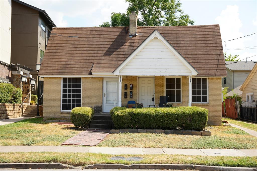Street view of front duplex facade (5108 & 5110 Manett) with covered porch