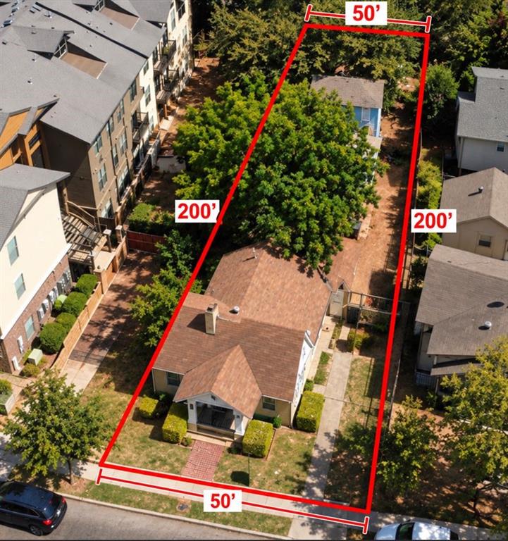 Aerial view showing complete lot boundaries (50 x 200) and both structures.