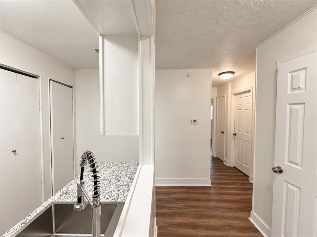 Kitchen pass-through with a stainless steel undermount sink and a coiled spring faucet