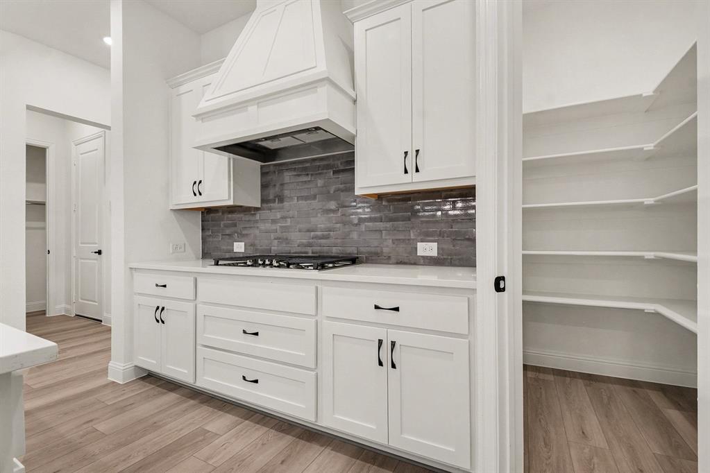 Kitchen featuring white cabinetry, a built-in range hood, a tiled backsplash, and a walk-in pantry with wrap-around shelving Kitchen featuring white cabinetry, a built-in range hood, a tiled backsplash, and a walk-in pantry with wrap-around shelving