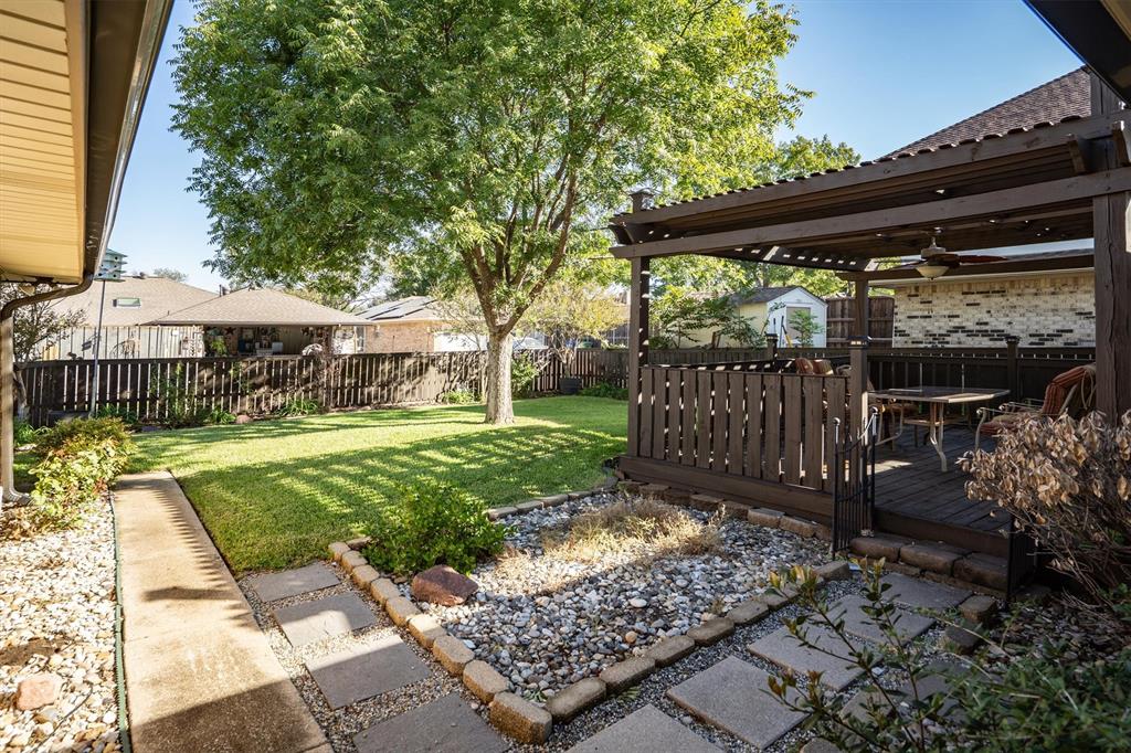 Spacious backyard with deck, shade pergola, and low-maintenance landscaping