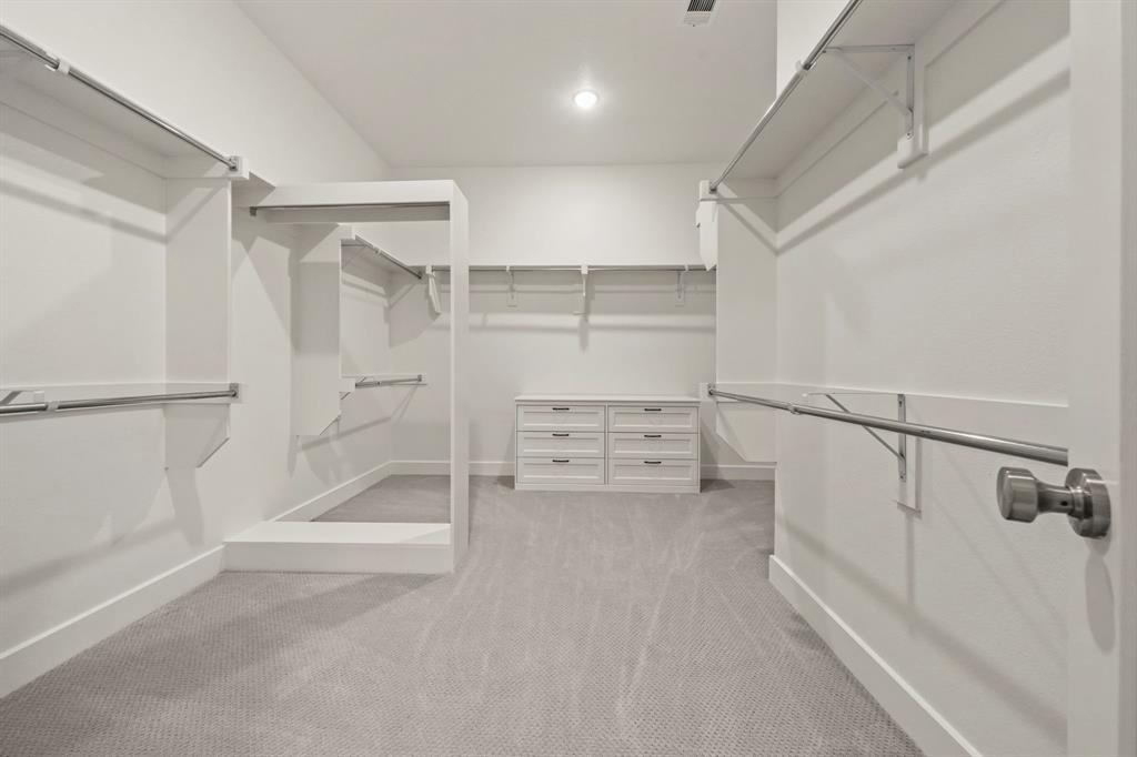Walk-in closet featuring tiered shelving, built-in drawer cabinetry, integrated hanging rods, and wall-to-wall carpeting