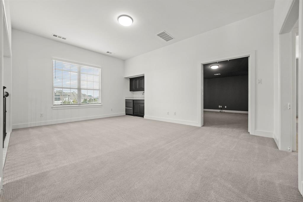 Interior space featuring neutral carpeting, a wet bar with dark-finish cabinetry, a single-handle faucet, and flush-mount lighting