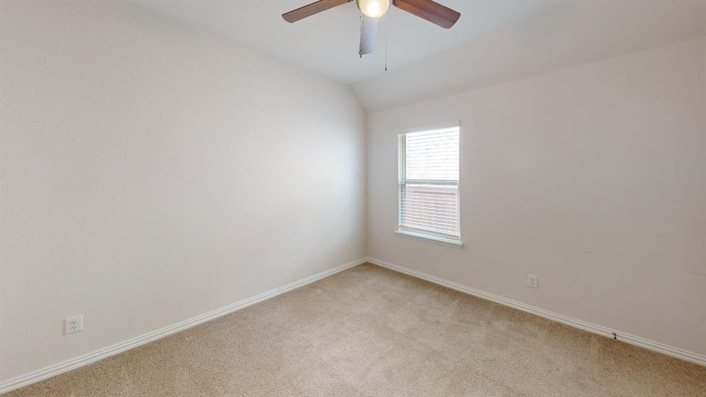 Carpeted room with a ceiling fan, a single window, and textured walls
