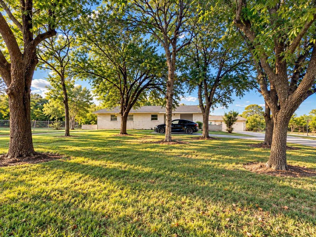 Single-story brick residence featuring mature shade trees, expansive lawn, concrete driveway, and attached garage