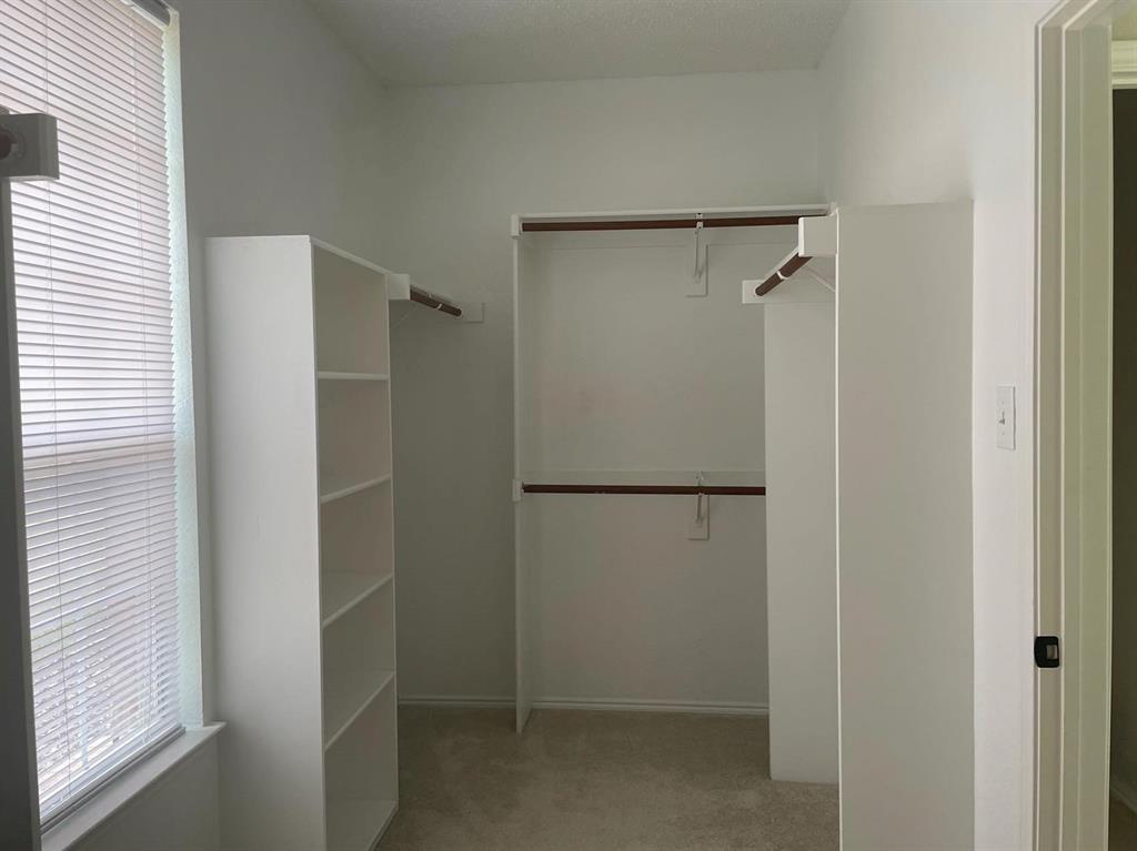 Walk-in closet featuring white built-in shelving, dual-tier hanging rods, and neutral carpeting