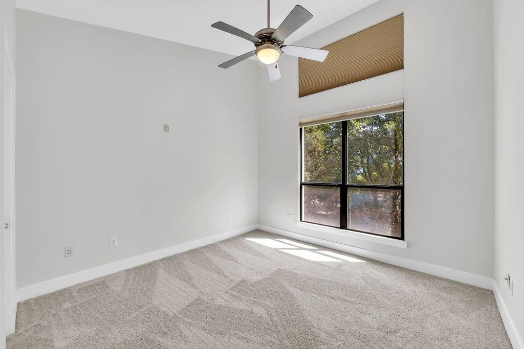 Carpeted room featuring a ceiling fan, a large window, and a high transom window