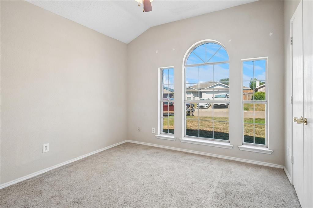 Vaulted ceiling with an arched window flanked by two vertical windows, light neutral wall paint, and light-toned carpeting