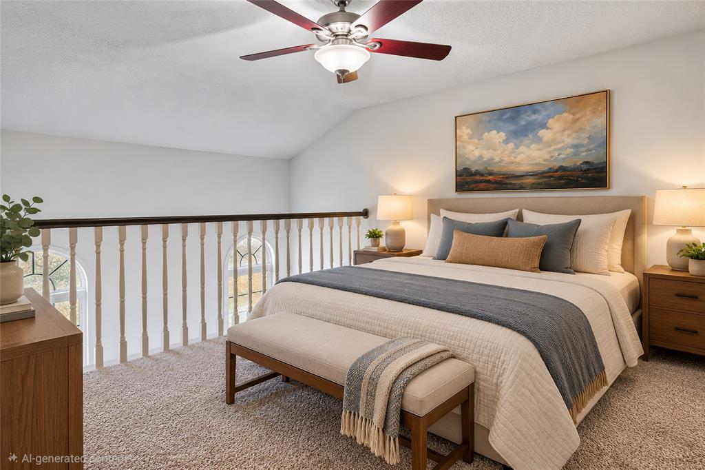 Vaulted ceiling, ceiling fan with light fixture, and wooden balustrade overlooking the level below