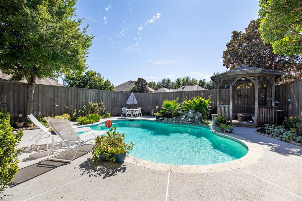Sparkling pool off patio.