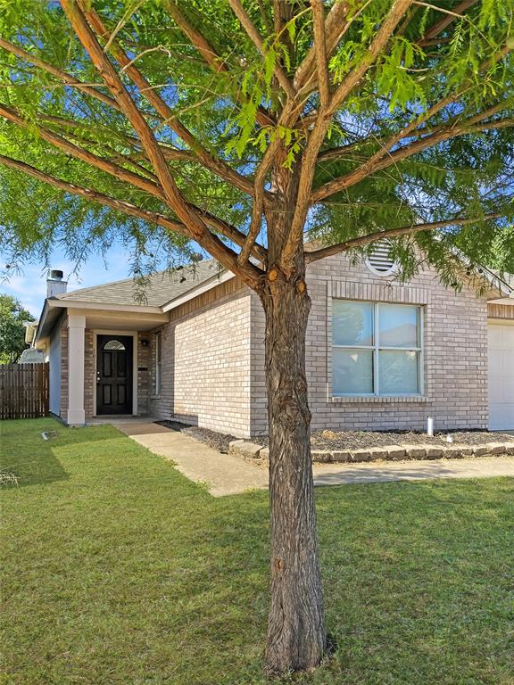 Charming brick residence with manicured lawn and mature shade tree