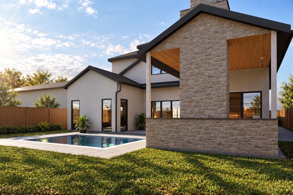 Contemporary exterior featuring a stone-clad fireplace, covered patio with wood-paneled ceiling, in-ground swimming pool, and wood privacy fencing