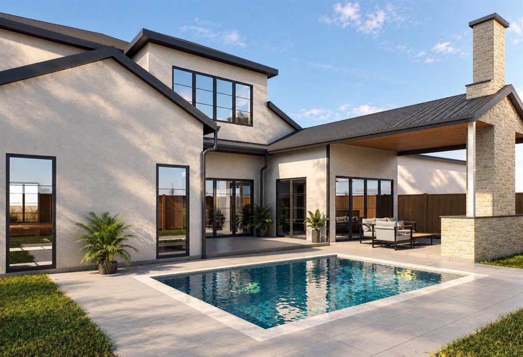 Exterior featuring a stucco facade, covered patio, stone chimney, in-ground swimming pool, and black-trimmed oversized windows