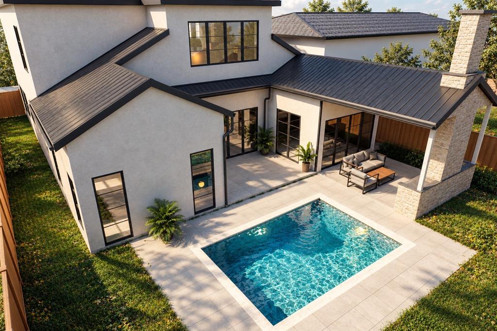 Modern stucco exterior featuring a metal roof, an in-ground swimming pool, a stone chimney, and a concrete patio