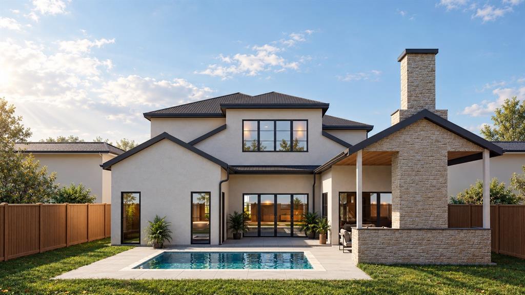 Exterior featuring a stucco facade, covered patio with an integrated stone-clad fireplace, in-ground swimming pool, tiled pool deck, and wood-style perimeter fencing