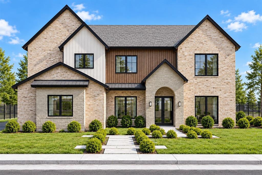 Two-story exterior featuring a light-toned brick facade, vertical siding accents, dark metal roofing, black-framed windows, and a paved walkway leading to a recessed arched entryway