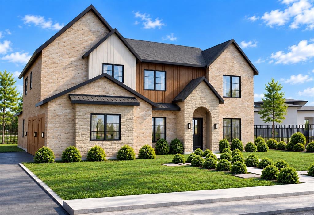 Two-story exterior featuring a stone facade, board-and-batten siding, vertical wood-finish siding accents, a dark metal roof detail, and an arched entryway