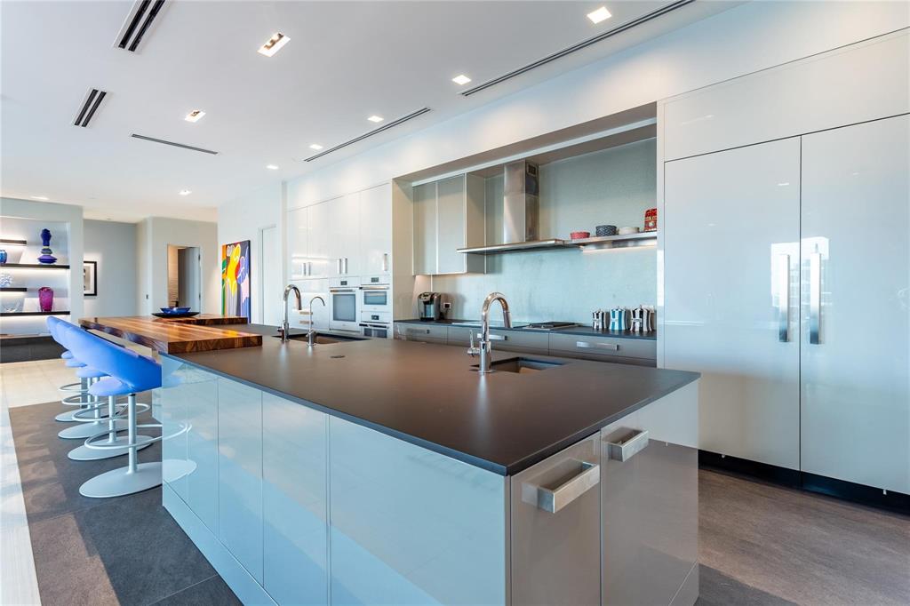 Black Silestone counters, white & gray gloss cabinetry