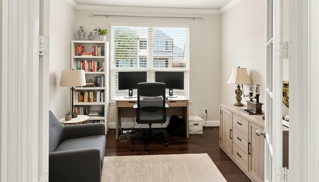 Room featuring dark wood-finish flooring, double glass-paneled entry doors, crown molding, and a central window with slatted blinds